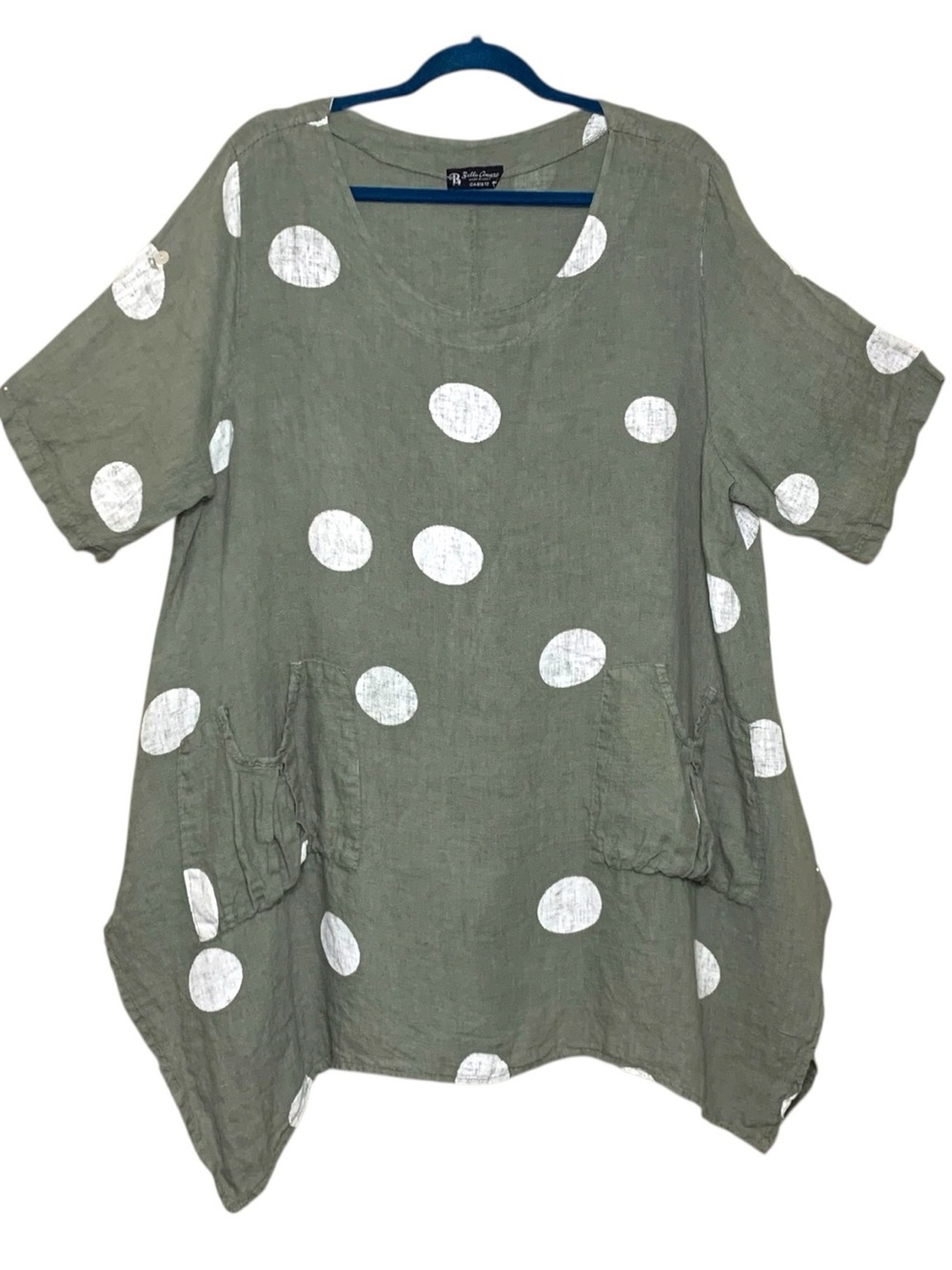 Bella Amore Green 100% Linen Tunic Polka Dot XL Relaxed Fit Lagenlook Shirt